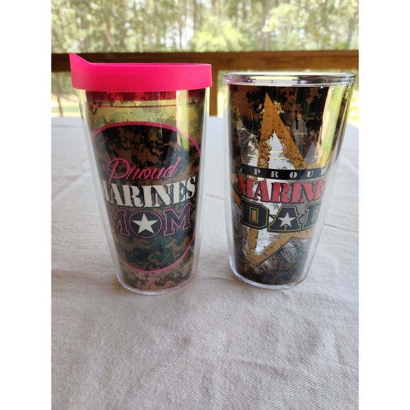 (2) 16 Ounce TERVIS Cups, "Proud Marines Mom" & "Proud Marines Dad" 1 Pink Lid - Picture 1 of 11